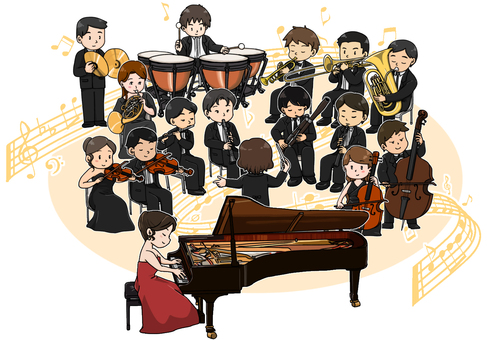 演奏中のオーケストラ（ピアノ） オーケストラ,コンサート,クラシック,演奏中,女性,男性,演奏,奏者,全身,音楽のイラスト素材