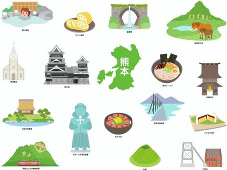 熊本県の観光素材セット② 熊本県,熊本城,からし蓮根,阿蘇草千里,馬,通潤橋,阿蘇神社,埼津教会,長部田海床路,阿蘇山のイラスト素材