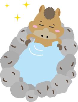温泉フレームに入ってくつろぐ馬のイラスト 馬,午年,干支,温泉,露天風呂,お風呂,リラックス,キャラクター,動物,ひとりのイラスト素材
