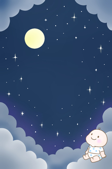 夜空とお月さまを見上げる赤ちゃん 夜空,月,星空のイラスト素材