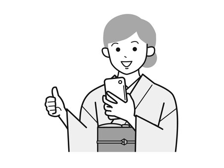 スマホとグッドサイン着物女性A左向／白黒 スマホ,親指,サイン,女性,お母さん,着物,講師,20代,30代,40代のイラスト素材