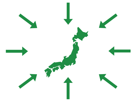 八方からの矢印で囲まれた日本列島（緑） 日本,日本列島,日本地図,国土,地図,矢印,八方,8本,囲む,包囲のイラスト素材