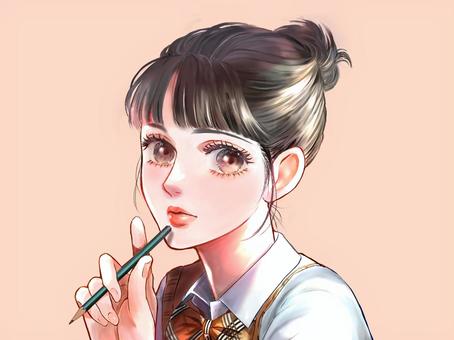 考え中の女子高生 女の子,可愛い,学生,高校生,制服,リボン,鉛筆,マドンナ,憧れ,片思いのイラスト素材