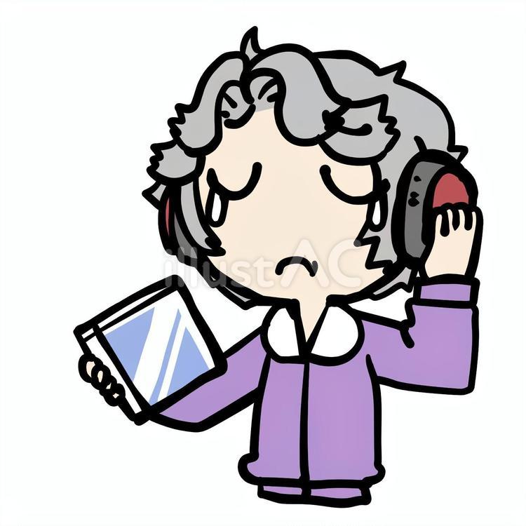 泣いてCDを聴くおばあさん おばあさん,泣く,cdのイラスト素材