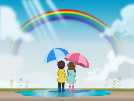 雨上がり後の虹を眺めている二人 虹,雨,春雨,夏の夕立,秋雨,カラフル,男の子,女の子,傘,カッパのイラスト素材