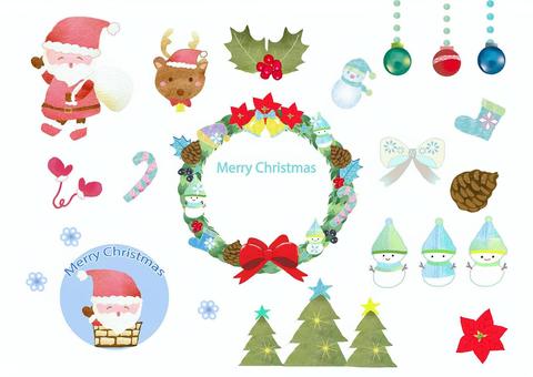 絵本タッチのクリスマス素材セット01 クリスマス,メリークリスマス,リース,クリスマスリース,12月,冬,雪,雪だるま,ひいらぎ,サンタクロースのイラスト素材