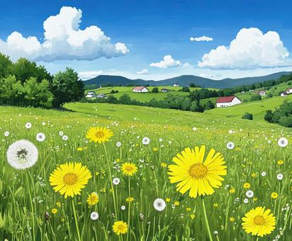 タンポポのある村、絵本風 タンポポのある村、絵本風 タンポポ,村,丘のイラスト素材