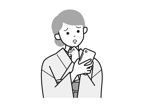 スマホと考える着物女性A右向／白黒 スマホ,考え込む,女性,お母さん,着物,講師,20代,30代,40代,訪問着のイラスト素材