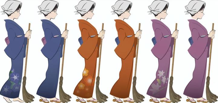 竹ぼうきを持つ着物女性セット 竹ぼうき,ほうき,着物,和服,女性のイラスト素材