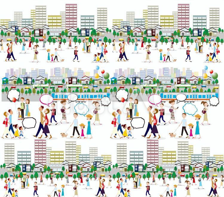 住宅人物町街 おでかけ,町のイラスト,町イメージのイラスト素材