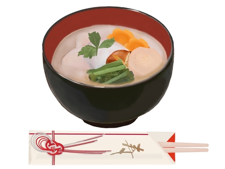 お雑煮26（白みそ）1（箸付き） お雑煮,雑煮,白味噌,箸,関西,餅,丸餅,お餅,正月,大根のイラスト素材