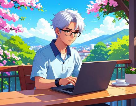 Open the computer and study, JPG Open the computer and study, people, male, glasses, JPG