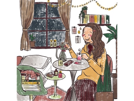 冬の部屋でくつろぐ女性 部屋,冬,リラックス,女性,インテリアのイラスト素材