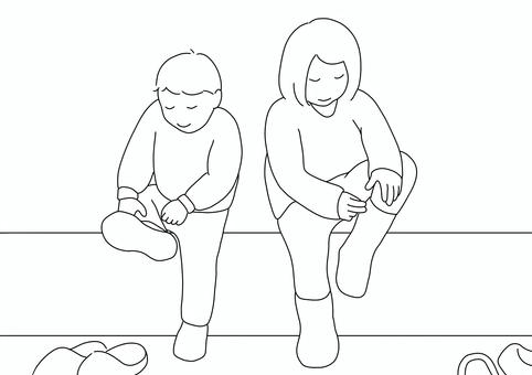 靴を履く子供達線画 子供,靴,履く,脱ぐ,ブーツ,長靴,座る,男の子,女の子,兄弟のイラスト素材