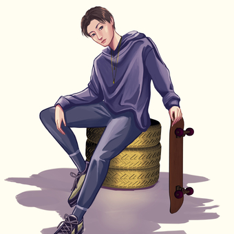 男性イラスト 男性,スケボー,タイヤ,座る,全身のイラスト素材