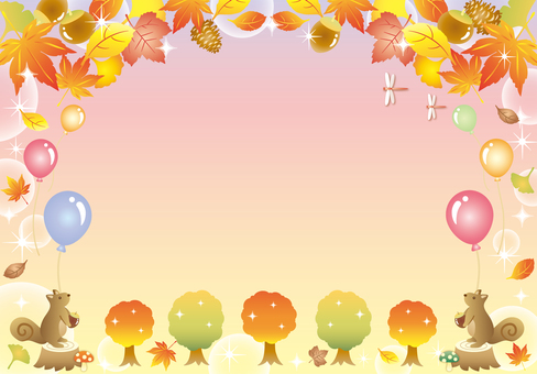 秋の森メルヘンカード 紅葉,秋,キラキラ,かわいい,フレーム,カード,背景,壁紙,森,イチョウのイラスト素材