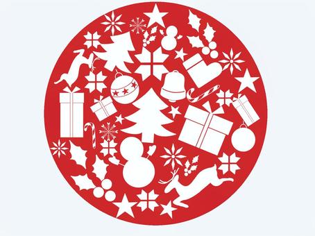 円の中のクリスマスモチーフ（赤） クリスマス,モチーフ,雪だるま,もみの木,クリスマスツリー,雪,雪柄,ヒイラギ,ベル,星のイラスト素材