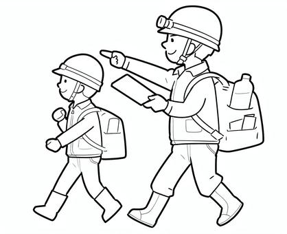 防災対策服　２人線画 防災,対策,大人,子ども,２人,ヘルメット,リックサック,地図,水,安全靴のイラスト素材