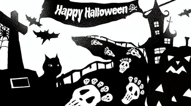 ハロウィンタウン(モノクロ) ハロウィン,黒猫,パンプキン,モノクロ,シルエットのイラスト素材