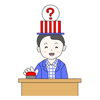 クイズに正解する男性 クイズ,イントロクイズ,解答者,男性,早押し,ボタン,クエスチョンマーク,解答,正解,笑顔のイラスト素材