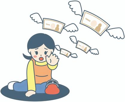 エプロン着た女性⑮ 主婦,お母さん,お金,お札,お財布,赤字,不景気,家計,金欠,節約のイラスト素材