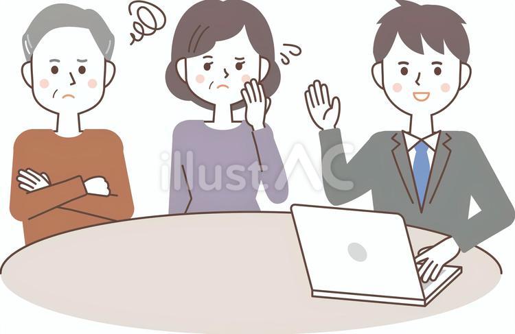 困っているシニア夫婦と商談する男性 シニア,高齢者,年配のイラスト素材