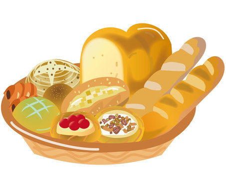 かごに入った焼きたてパン パン,ベーカリー,かご,食パン,バゲット,菓子パン,フランスパン,パンドカンパーニュ,メロンパン,焼きたてのイラスト素材
