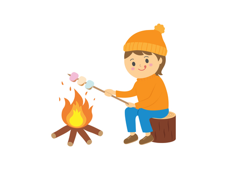 焼きマシュマロ1 焼きマシュマロ1 焼きマシュマロ,マシュマロ,焚火,火,焼く,おやつ,お菓子,女の子,冬,帽子のイラスト素材