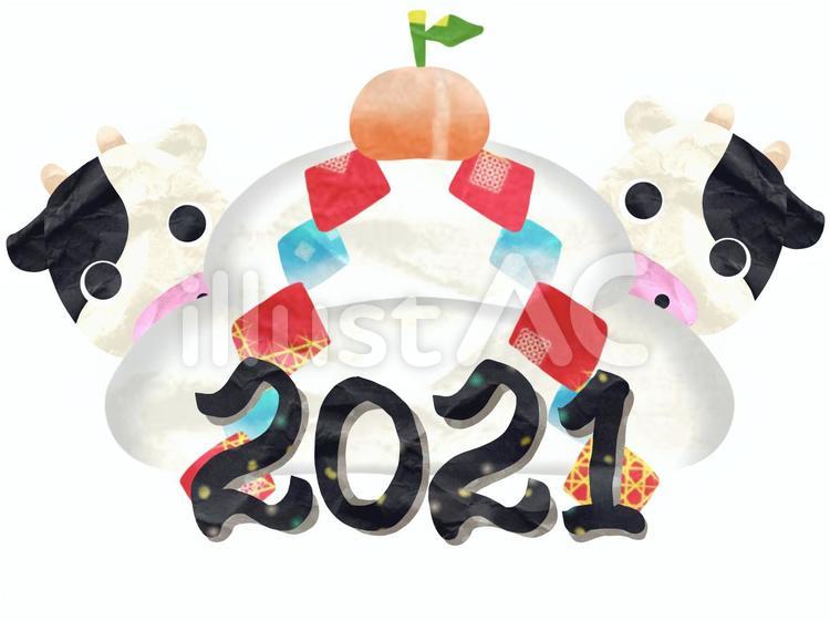 2021年賀状干支丑　牛と鏡餅と筆文字 年賀状,2021,丑のイラスト素材