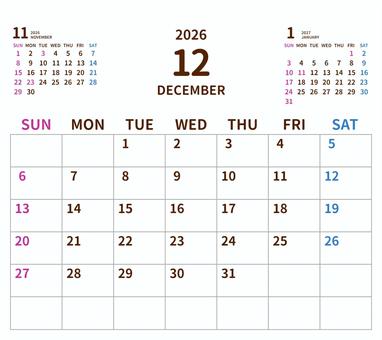 2026年シンプルカレンダー12月／卓上 2026年カレンダー,カレンダー,2026,令和8年,月間カレンダー,シンプル,透過,オリジナル,自作,かわいいのイラスト素材