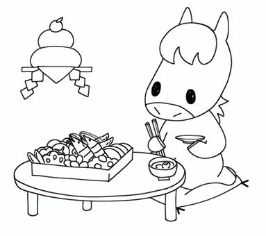 うまさんとおせち(線画) うまさんとおせち(線画) 馬,午,干支,正月,おせち,鏡餅,お雑煮,重箱,ちゃぶ台,冬のイラスト素材