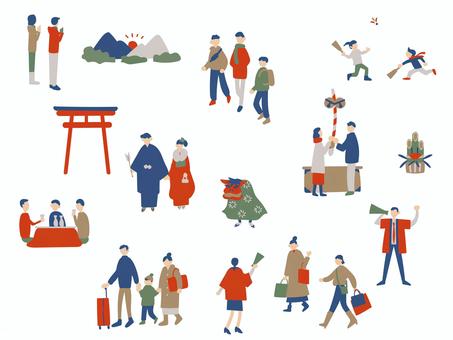 お正月を過ごす人々のセット 素材パーツ お正月を過ごす人々のセット 素材パーツ 人物,人々,お正月,元旦,セット,手描き,ラフ,全身,モブ,初詣のイラスト素材