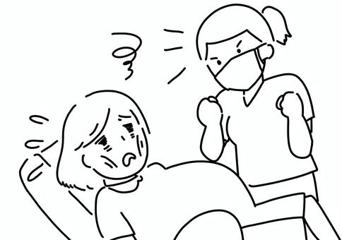 出産を応援する看護師と疲れた妊婦　線画 出産,応援,妊婦,疲労,看護師,女性,線画のイラスト素材