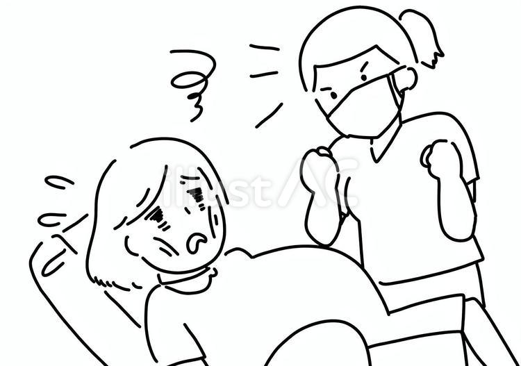 出産を応援する看護師と疲れた妊婦　線画 出産,応援,妊婦のイラスト素材