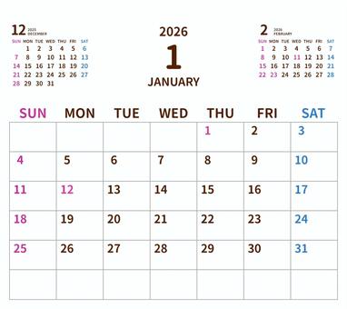 2026年シンプルカレンダー1月／卓上 2026年カレンダー,カレンダー,2026,令和8年,月間カレンダー,シンプル,透過,オリジナル,自作,かわいいのイラスト素材