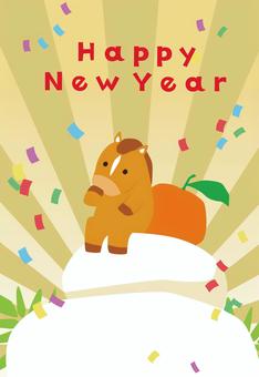 鏡餅に座る馬の年賀状テンプレート