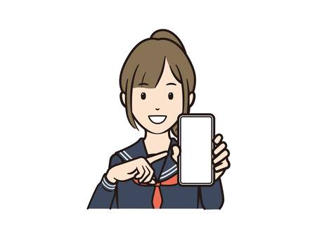スマホを指差す笑顔のセーラー服女子 スマホ,スマートフォン,学生,女子,セーラー服,高校生,中学生,携帯電話,モバイル,アプリのイラスト素材