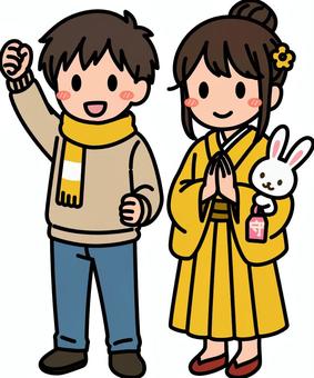 黄色の冬着の男子女子です。 着物,シンプル,女子,和装,和服,ファッション,振袖,袴,成人式,正月のイラスト素材