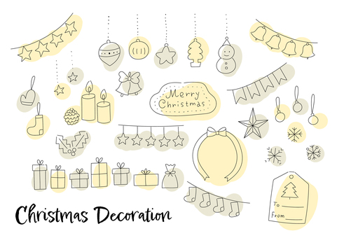 クリスマス飾りの手描き風素材（線画） クリスマス,飾り,冬,12月,線画,手描き,シンプル,ゆるい,モノライン,ナチュラルのイラスト素材