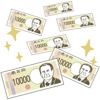 天から降る壱万円札（キラキラ）2 お札,紙幣,お金,羽,10000,一万円札,渋沢栄一,偉人,人物,壱万円のイラスト素材