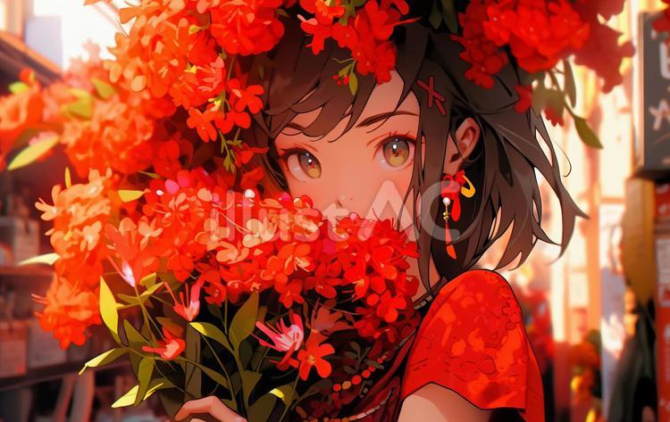 お花をたくさん持つ女の子 女の子,女性,人のイラスト素材