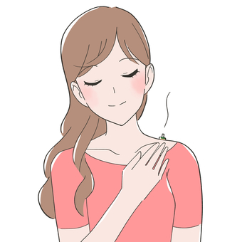 肩にお灸をする女性のイラスト お灸,鍼灸,東洋医学,ツボ,肩,肩井,肩こり,リラクゼーション,リラックス,画像のイラスト素材