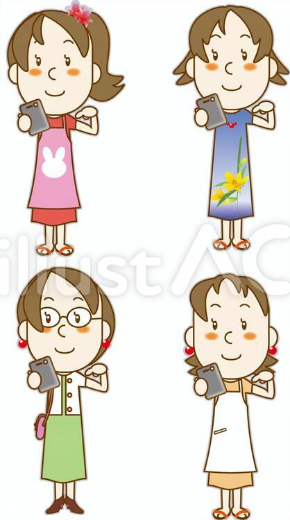 スマホを使うお母さんセット スマホ,お母さん,主婦のイラスト素材