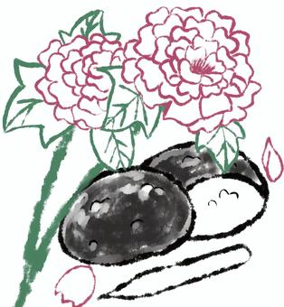お彼岸のお供え物 菊,牡丹餅,きく,ぼたもち,花びら,緑のイラスト素材