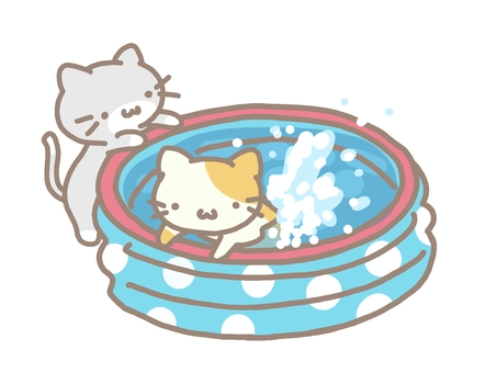 猫さんとビニールプール ビニールプール,水,水遊び,水浴び,夏,水泳,水玉,ファンシー,ポップ,ゆるふわのイラスト素材