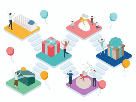 アイソメトリック_プレゼント・ギフト アイソメトリック,立体,アイソメ,斜め上,贈り物,祝い事,パーティー,セレモニー,お祝い文化,記念のイラスト素材