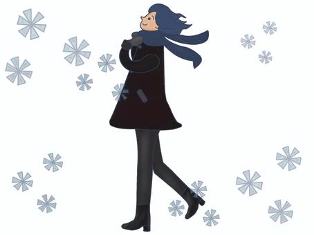 風になびくコートの女性と雪の結晶2 女性,コート,髪の毛,風,冬,ファッション,マフラー,手袋,ブーツ,ブラックのイラスト素材