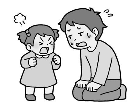 娘に怒られた【グレースケール】 親子,癇癪,怒る,育児,子育て,汗,父,娘,短気,グレースケールのイラスト素材