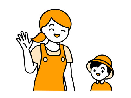 エプロン姿の女性と子ども01 人物,女性,20代,30代,40代,子ども,親子,保育士,幼稚園教諭,幼稚園のイラスト素材
