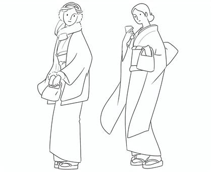 冬着物振袖 線画 冬着物振袖 線画 着物,振袖,染袖,冬,耳あて,マフラー,スマホ,成人式,初詣のイラスト素材